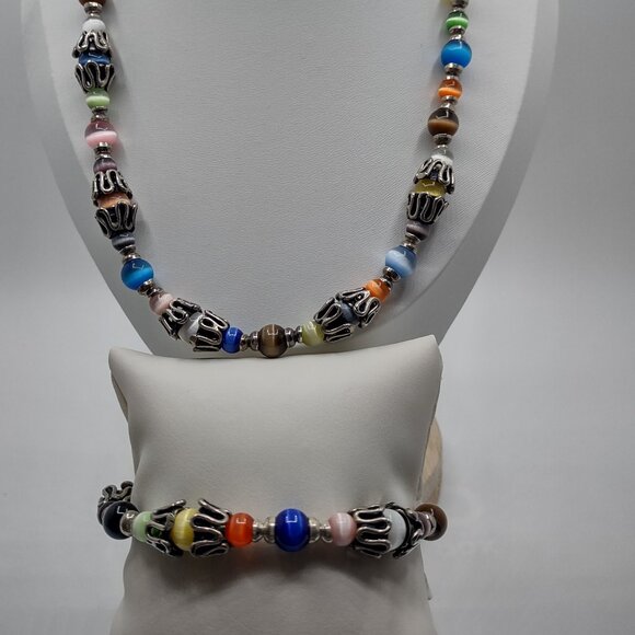 Sterling Silver & Cats Eye Beads Necklace & Bracelet Set
